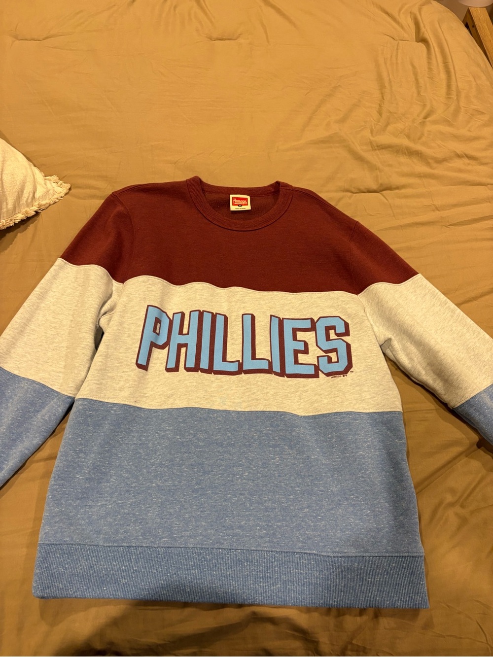 Phillies Colorblock Crewneck Sweater - Maroon, Light Gray & Light Blue